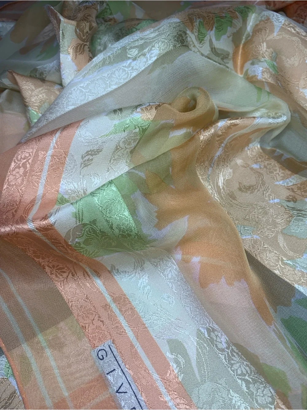 Givenchy Peach Green Floral Silk Scarf